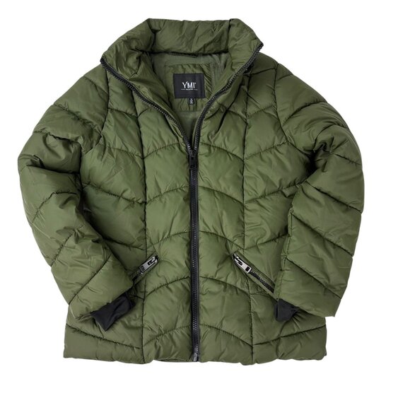 Green Winter Coat Puffer Jacket Faux Fur Removable Hood Sz 1X (Fits Like Large) - Picture 2 of 15